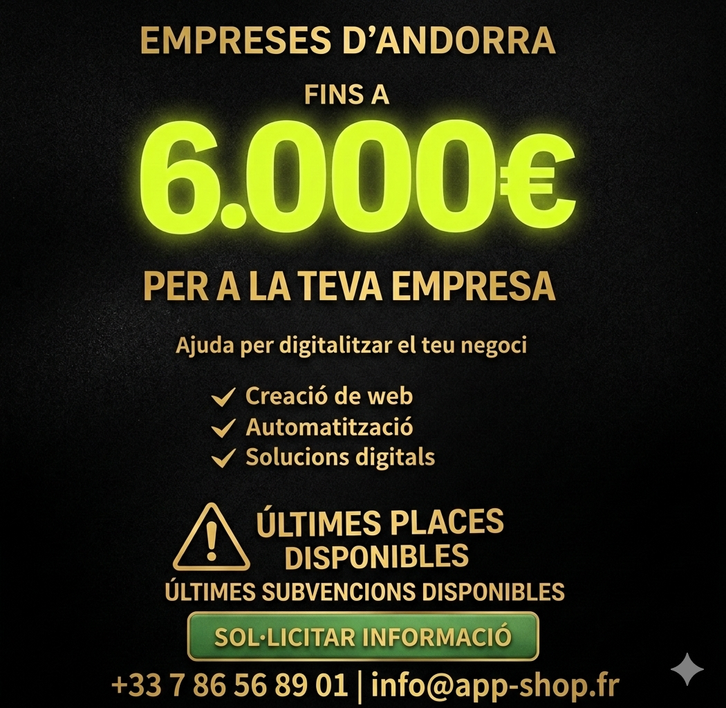 Ajudes d'Andorra Business per a la digitalització d'empreses andorranes! 💬 Saps que Andorra Business ofereix ajudes per a la digitalització del teu negoci? És una gran oportunitat per donar un impuls a la teva empresa i millorar la teva presència en línia. 💡 Però atenció! Moltes empreses es focalitzen només en la subvenció i no en el servei que la petita empresa necessita. El més important no és rebre els diners, sinó utilitzar-los correctament per obtenir els resultats de la inversió i l'increment final de les vendes. 🤝 A @andorrabusinesslovers t'assessorem de forma 100% gratuïta! T'ajudem a definir quina és la millor oferta per a la teva empresa, tenint en compte les teves necessitats i objectius. No perdis aquesta oportunitat i contacta amb nosaltres! #digitalitzacio #andorrabusiness #empresesandorranes #ajudes #subvencions #assessoramentgratuït #resultats #vendes